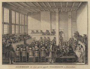 Bijeenkomst van Collegianten in Amsterdam, Nederland (gravure) door French School