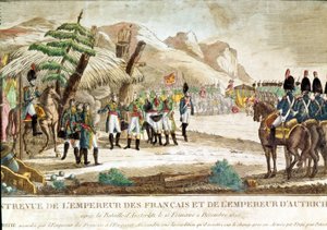 Ontmoeting van Keizer Napoleon I en Keizer van Oostenrijk, Francois II (1768 - 1835) na de Slag bij Austerlitz op 2/12/1805 door French School