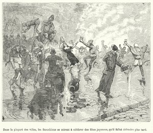 Leden van de Basaoche, een gilde van klerken, vieren een festival op de straten van een middeleeuwse Franse stad (gravure) door French School