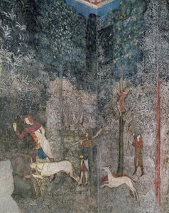 Mannen jagen met honden, detail uit La Chambre du Cerf (Herten Kamer) 1343