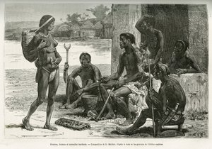 Mannen, vrouwen en gebruiksvoorwerpen (Bihe-regio, Rwanda). Gravure door D. Maillart, ter illustratie van het verhaal hoe ik Afrika doorkruiste, van de Atlantische Oceaan naar de Indische Oceaan, door Majoor Serpa Pinto, in 1877-1878, gepubliceerd in de To door French School