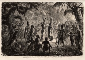 Meriah Pujah of mensenoffer, Khondistan (Engelse Indië). Tekening door Fuchs, ter illustratie van Major John Campbell
