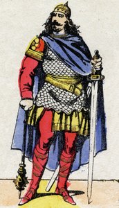 Merovingische dynastie: Portret van Karel Martel (ca. 688-741) burgemeester van het paleis van 737 tot 741. Epinal afbeelding uit het einde van de 19e eeuw. Privécollectie.