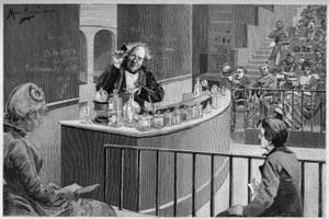 Michel Eugene Chevreul (1786-1889) gaf zijn chemiecollege in het amfitheater van het Museum voor Natuurgeschiedenis in Parijs, in 