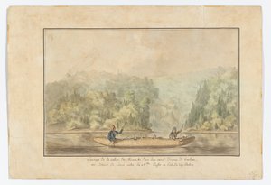 Micmacks in hun berkenbast kano; Straat van Canso tussen Nova Scotia en het eiland Cape Breton