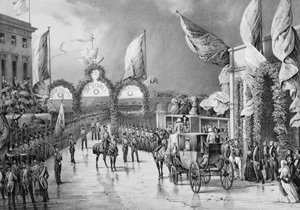 Militaire eer aan de koning in Gosport - Louis Philippe I, Koning van de Fransen, Prins Albert en Victoria, Koningin van Engeland bij Gosport Station tijdens het officiële bezoek van Louis-Philippe aan Groot-Brittannië (1844)