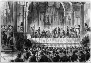 Militaire rekrutering: loting voor dienstplichtigen van 1858, in de Saint Jean-kamer van het stadhuis van Parijs. Gravure in "Le Monde Illustré" nr. 44 van 13 februari 1858. door French School