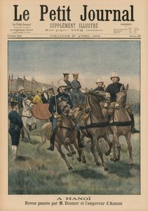 Militaire parade door Paul Doumer, gouverneur-generaal van Frans Indochina, en keizer van Annam, Thanh Thai, in Hanoi, voorpagina illustratie uit Le Petit Journal, Supplement Illustre, 27 april 1902