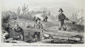 Mijnwerkers (goudzoekers) Frans werkend met de lange tom - in Tour du monde door French School