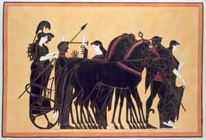 Minerva in een strijdwagen met begeleiders
