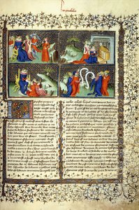 Miniatuur die het oordeel van de moeders, de aankomst van de koningin van Sheba, Salomo die onderwijst, en de discussie van de doktoren illustreert