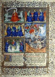 Miniatuur die het Koninkrijk der Hemelen voor de schepping voorstelt: Sapientia, de Drie-eenheid, en de Verdrijving van Lucifer uit de Hemel, c.1410 door French School