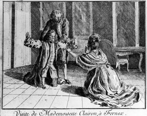 Miss Clairon (Mademoiselle Clairon Josephe Leris de La Ttude genaamd Mademoiselle Clairon (1723-1803) Franse actrice, bezocht Ferney bij Voltaire. Gravure 18e eeuw. door French School