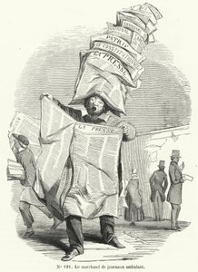 Mobiele krantenverkoper (gravure)