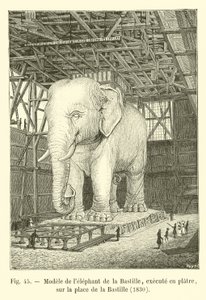 Model van de olifant van de Bastille, uitgevoerd in gips, op het plein van de Bastille, 1830