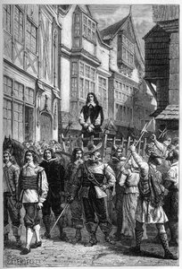 Montrose werd naar de gevangenis gebracht op een kar - James Graham (1612-1650), Markies van Montrose Schotse generaal tentoongesteld in de High Street van Edinburgh, in 1650 - gravure uit 