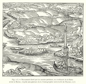 Monument opgericht door de Parijse schippers, bij de samenvloeiing van de Seine en de Marne; naar een gravure uit de Cosmographie universelle van Thevet; 1575 door French School