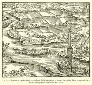 Romeins monument opgericht bij de samenvloeiing van de Seine en de Marne, facsimile van een gravure uit 1575, uit de Cosmographie universelle van Thevet door French School