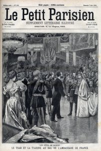 Feestelijkheden in Moskou: Tsaar Nicolaas II van Rusland (1868-1918) en Tsarina Alexandra Fjodorovna Romanova (1872-1918) op het bal van de Franse ambassade, in "Le petit Parisien" door French School