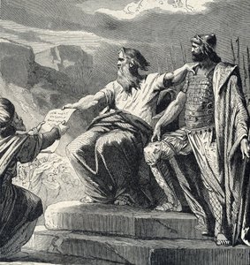 Mozes beveelt het volk van Israël de autoriteit van Jozua te erkennen (Mozes kiest Jozua als zijn opvolger) Gravure uit 