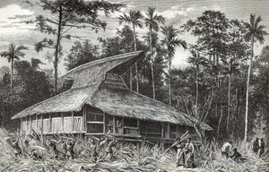 Moskee in Dodinga, Nieuw-Guinea, illustratie uit Le Tour du Monde magazine, 1879 door French School