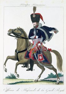 Bereden officier van de Huzaren van de Koninklijke Wacht, uit Troupes Francaises, uitgegeven bij Basset, Parijs