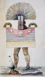 Rouwkleding of Parae in Tahiti, aquarel door Jules-Louis Lejeune, gebaseerd op Reis rond de wereld door French School