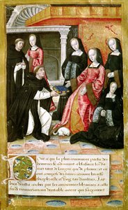 Ms.17 fol.1 De auteur biedt zijn boek aan aan Anne van Bretagne (1477-1514) uit Vie des Femmes Celebres, ca. 1505 door French School