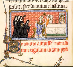 De Presentatie van een Abdis, uit het Metz Pontificale, geschreven voor Raymond Bar, Bisschop van Metz, 1302-16 door French School