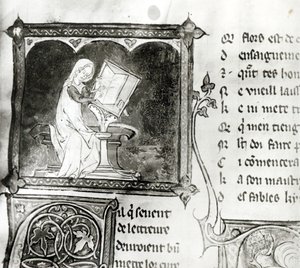 Marie de France (fl.12e eeuw) schrijvend, uit een Anthologie van Franse Gedichten, ca.1280-90 (detail) door French School