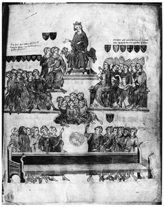 Ms.Fr. 18437 fol. 2 Het hof van de Peers voorgezeten door Philippe VI uit Proces de Robert III dArtois graaf van Beaumont, 1336 door French School