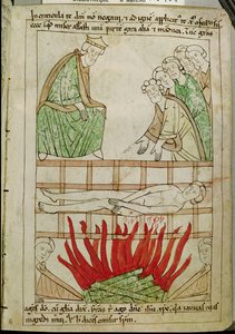 Ms 108 fol.213 Het martelaarschap van St. Laurentius in 258 AD, uit een Bijbel door French School