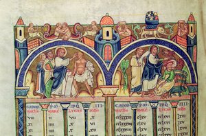 Ms 10 f.128v Canon van de Evangelisten, detail van Christus die de man met waterzucht geneest en demonen uitdrijft, uit een Latijnse Bijbel door French School