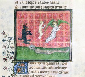 Ms 1130 Ziel verlaat het lichaam vergezeld door een engel, miniatuur uit Le Livre des Proprietes des Choses door Barthelemy l