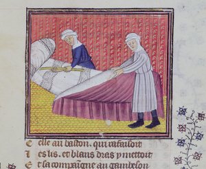 Ms 1130 fol.83r Kuisheid en armoede maken een bed, uit Le Roman des Trois Pelerinages door Guillaume de Digulleville
