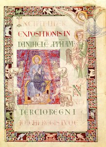 Ms 132 f.2v Daniël in de leeuwenkuil gevoed door Habakuk, uit Explanatio in Prophetas et Ecclesiasten door St. Jerome door French School