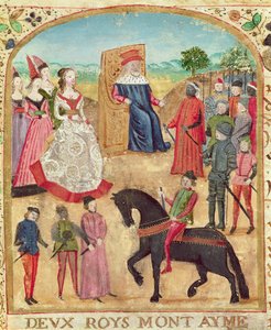 Ms 1335 f.1 Margaretha van York wordt voorgesteld aan haar toekomstige echtgenoot, Karel de Stoute op 27 juni 1468 in Damme