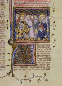 Ms 13. fol 232 Kroning van Lodewijk IX en waarschijnlijk van Frederik II, uit een Psalter door Pierre Lombard, begin 15e eeuw door French School
