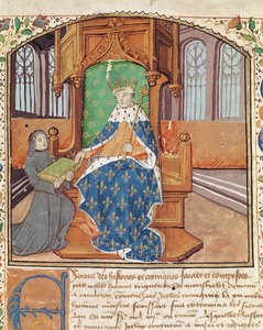 Ms 1468 fol.1 De auteur biedt zijn boek aan koning Karel VII aan, uit Les Chroniques de Monstrelet door French School