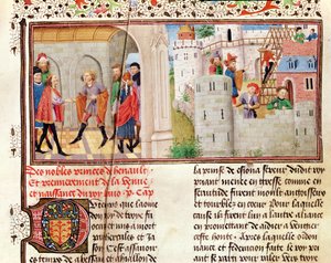 Ms 149 t.1 fol.16 Een overeenkomst en de bouw van een kasteel, uit de Histoire des Nobles Princes de Hainaut, door Jacques de Guise door French School