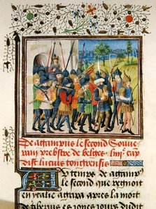 Ms 149 t.1 fol.45 Een leger op campagne, uit de Histoire des Nobles Princes de Hainaut, door Jacques de Guise door French School
