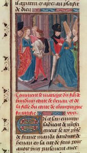 Ms 149 t.3 fol.105 Huwelijk van Boudewijn VI en Marie, dochter van de Graaf van Champagne, uit de Histoire des Nobles Princes de Hainaut, door Jacques de Guise door French School