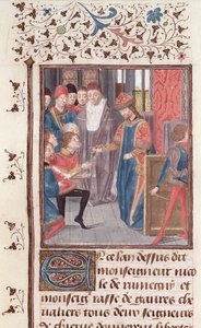 Ms 149 t.3 fol.95v Benoeming van twee ridders, uit de Histoire des Nobles Princes de Hainaut, door Jacques de Guise door French School