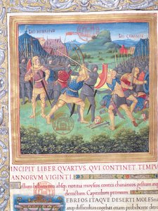 Ms. 1581 f. 071 Illustratie uit Boek IV (Van de afwijzing van die generatie tot de dood van Mozes), Hoofdstuk 1 van de Oudheden van de Joden (Antiquitates Judaicae) door Flavius Josephus - Gevecht van door French School