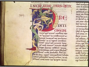 Ms 173 Geïllustreerde initiaal P met centauren, draken en monsters, uit Moralia in Job door Paus Gregorius de Grote door French School