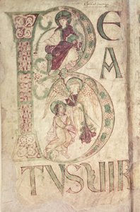Ms 18 f.1v Geïllustreerde initiaal B met afbeelding van St. Johannes de Evangelist en een Engel, uit de Psalter van Corbie door French School