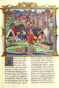 Ms 18 fol.19r De aankomst van de Graaf van Charolais en zijn leger bij het Beleg van Parijs, uit de Memoires de Philippe de Comminnes, 1489-98 door French School