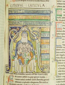 Historiated letter A die generaties in de schoot van Abraham toont, uit de Souvigny Bijbel