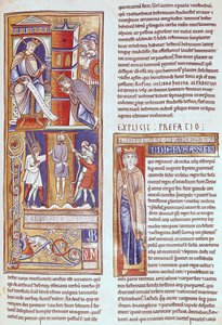 Ms 1 fol.284r Esther en Ahasveros en de ophanging van Haman, uit de Souvigny Bijbel