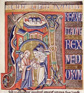 Ms 1 fol.292 Geïllustreerde initiaal die Judith met het hoofd van Holofernes afbeeldt, uit de Souvigny Bijbel